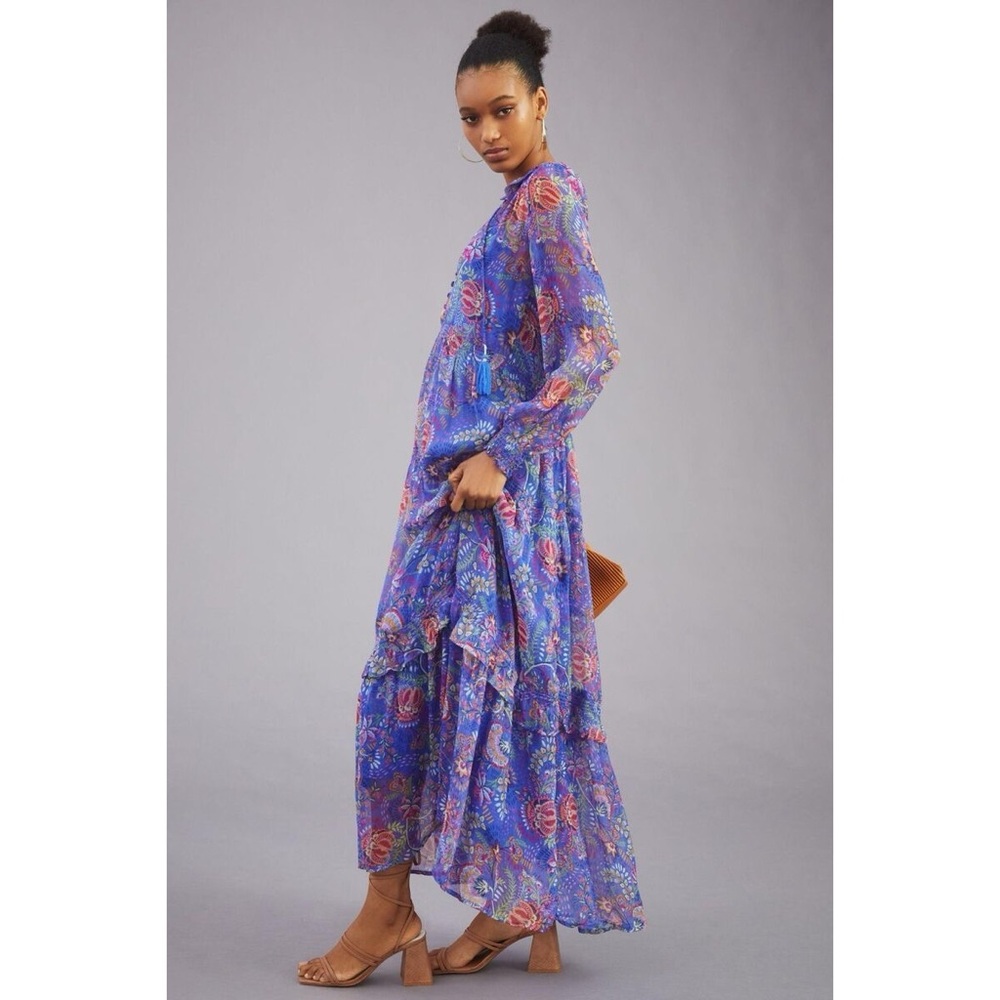 Anthropologie The Marais Chiffon Maxi Dress Blue Motif Small Petite SP Rare - Picture 5 of 8